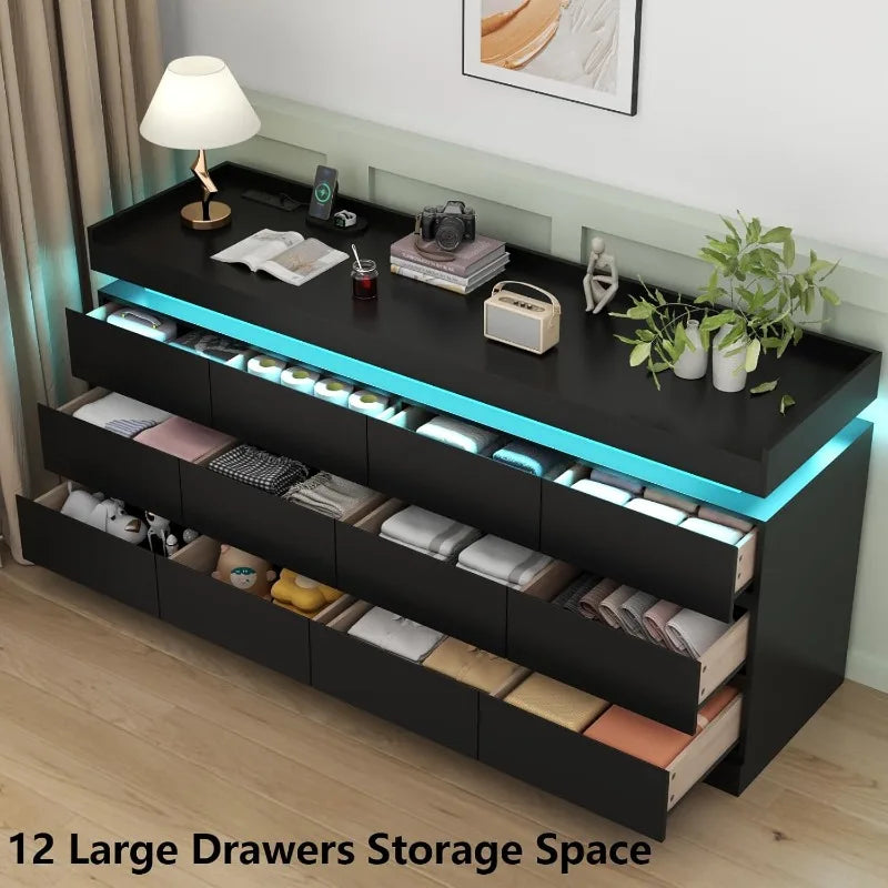 12 Drawer Dresser with LED Light and Power Outlet Modern Storage Solution