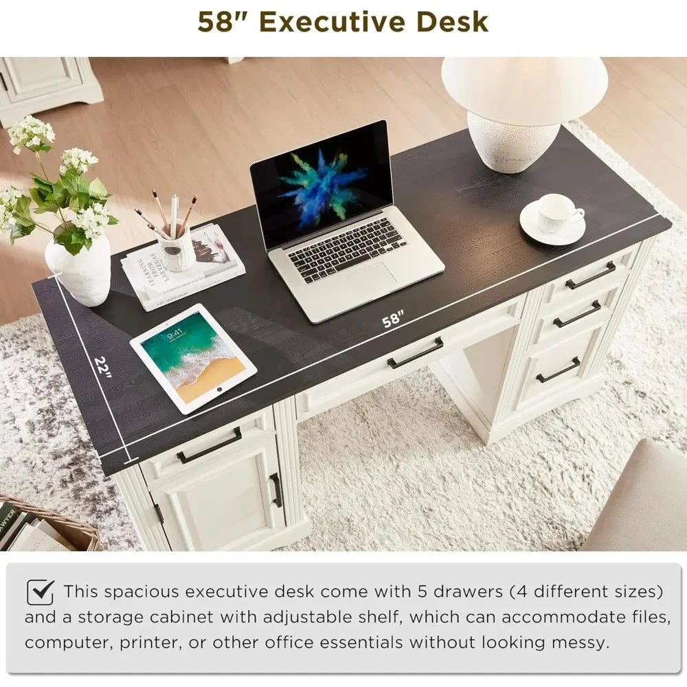 58 Inch Executive Desk Farmhouse Computer Desk with Storage Cabinet