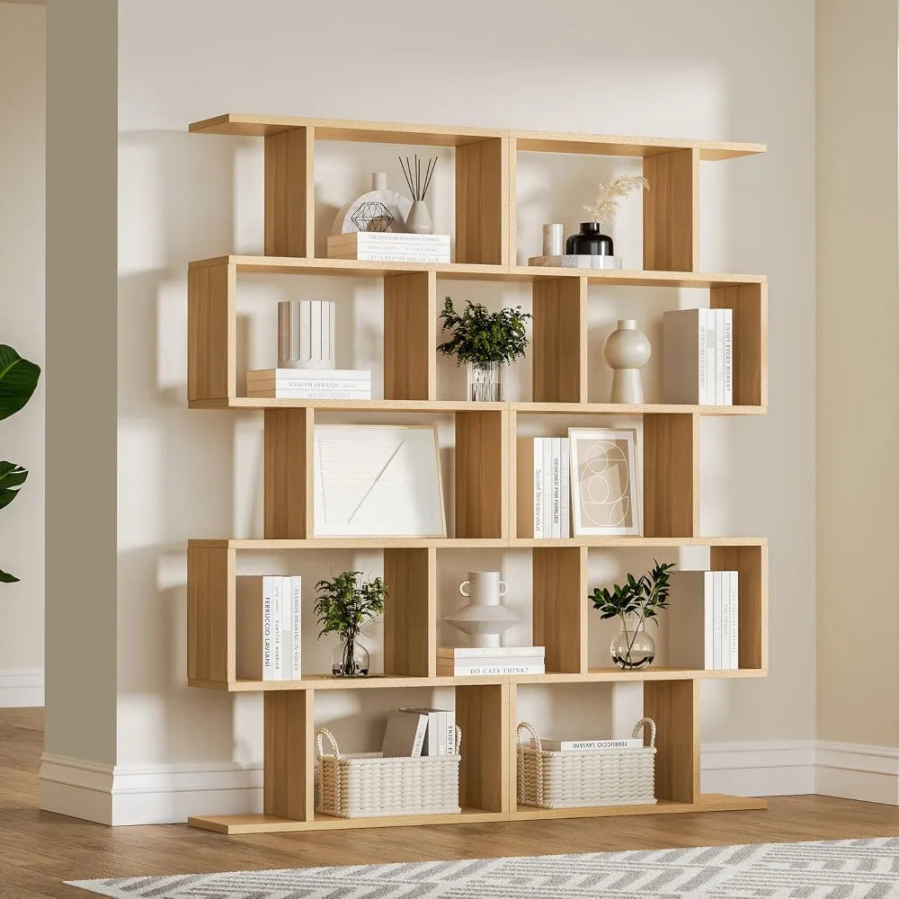 Oak 5-Tier Geometric Bookcase S-Shaped Display Shelf Set of 2