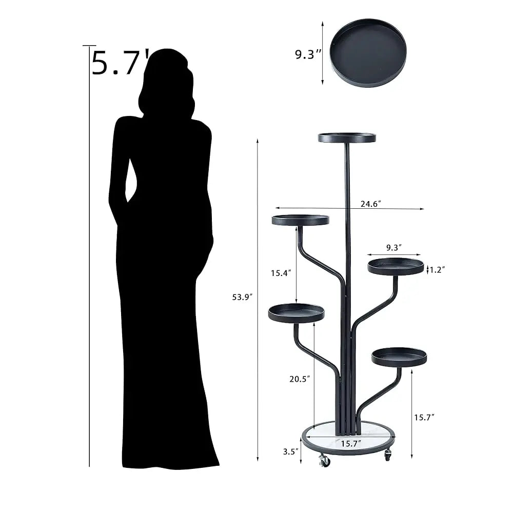 5 Tier Indoor Plant Stand Rolling Metal Shelf Wrought Iron Display