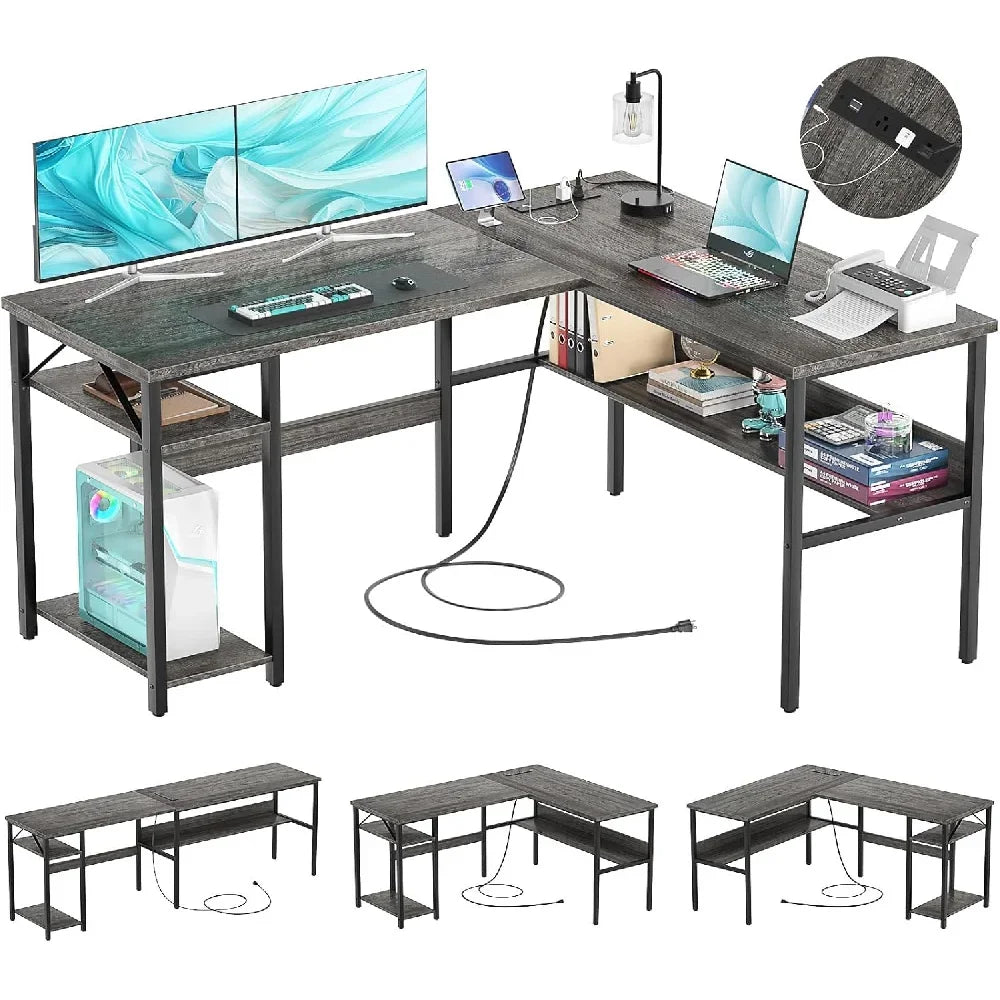 Reversible L Shaped Gaming Desk with USB Ports and Storage Shelf