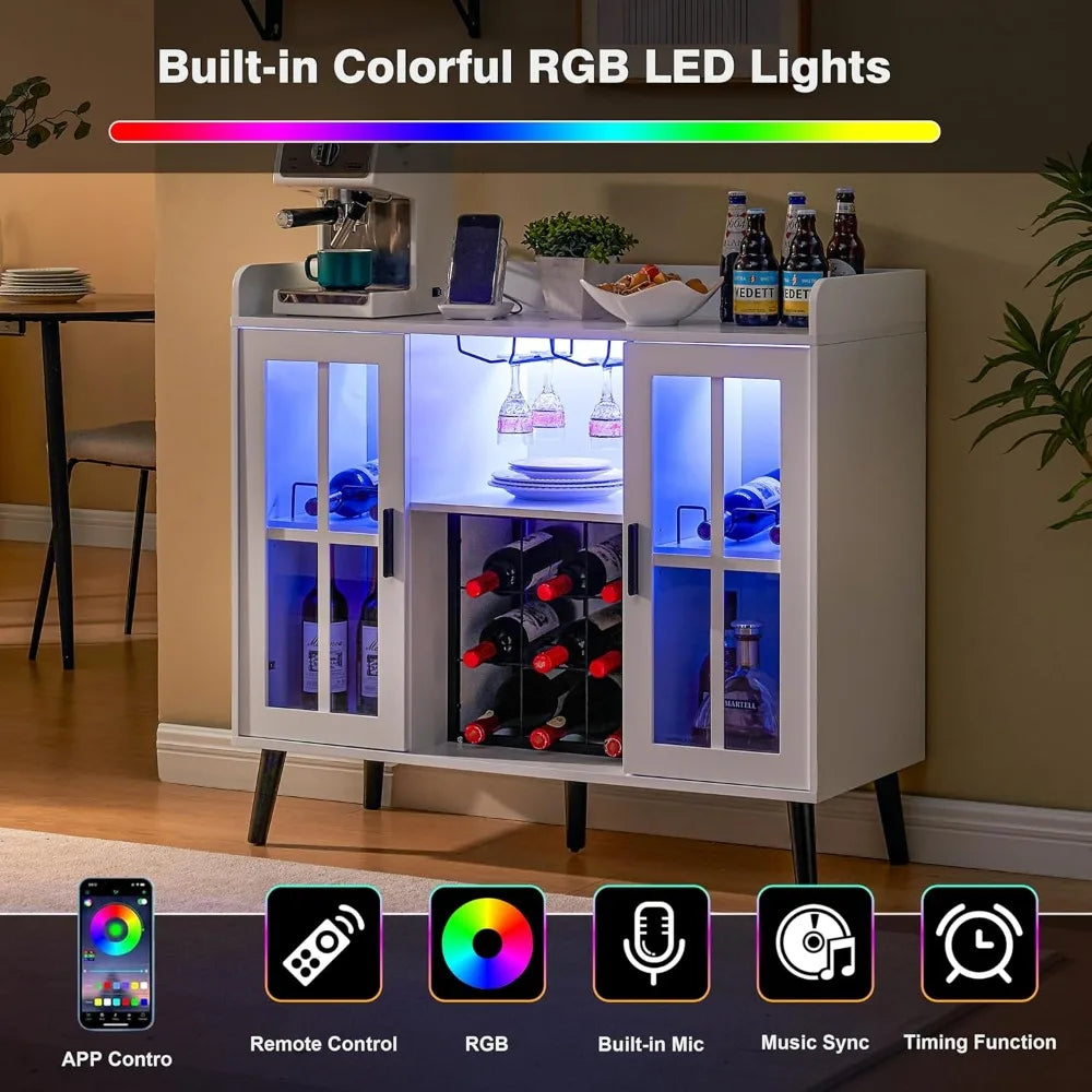 LED Wine Bar Cabinet with Storage Coffee Bar and USB Outlets