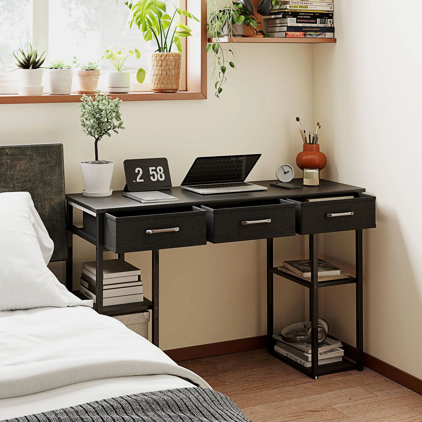 Ljustra 47 Inch Small Computer Desk with Fabric Drawers and Shelves