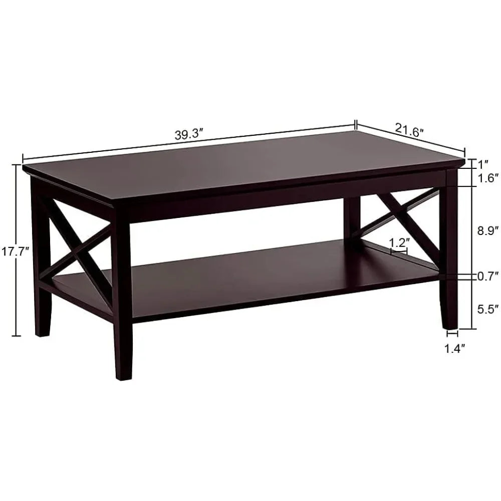 Espresso Wood Coffee Table with Storage Modern 40 Inch 2-Tier Design