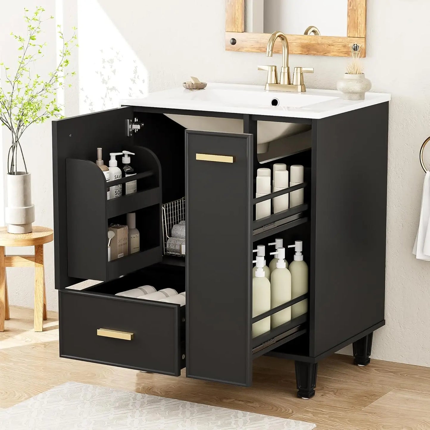 24 Inch Bathroom Vanity with Ceramic Sink Modern Storage Rack