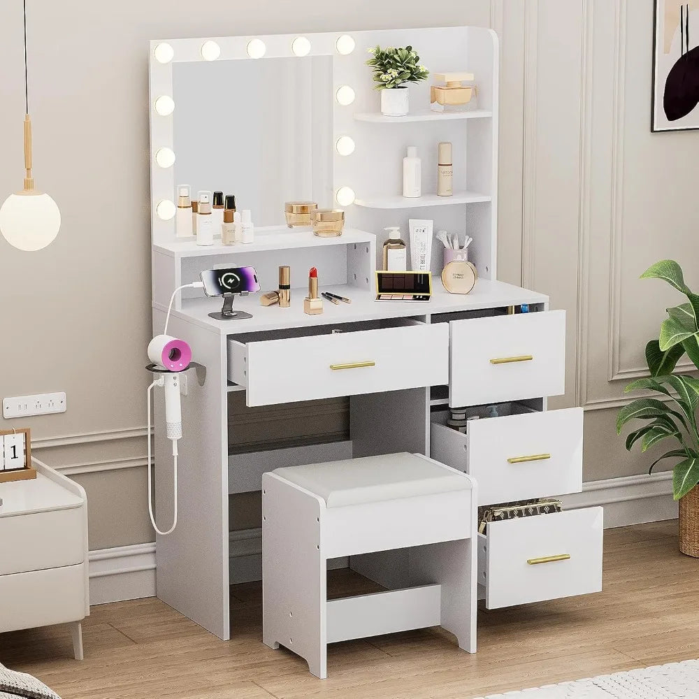 Makeup Vanity with Lights and Mirror White Vanity Desk with Storage