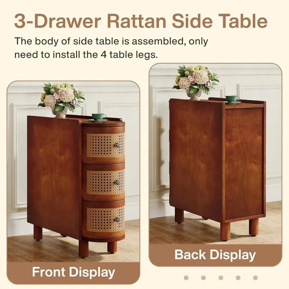 Solid Wood Rattan 3-Drawer End Table Nightstand for Living Room