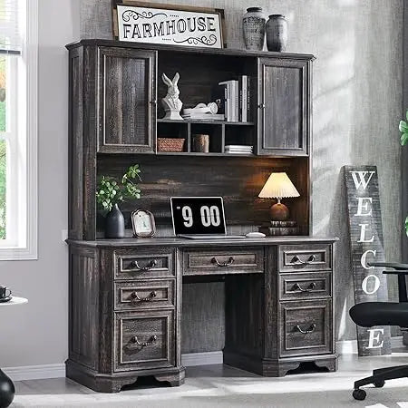 Farmhouse Executive Desk with Hutch Keyboard Tray Charging Station 59"