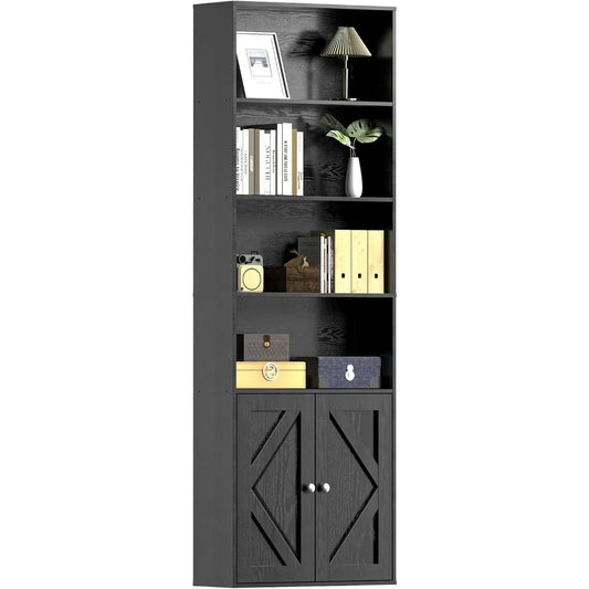 Wooden Bookshelves Bookcases with Doors 6 Shelf Storage Display 70.86in