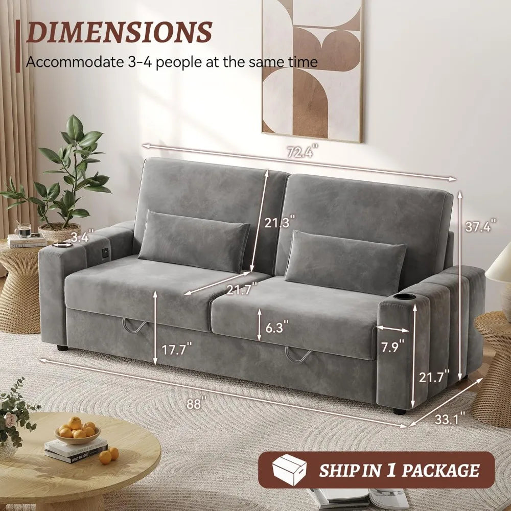88 Inch Modern Velvet Recliner Sofa with Storage and Charging Ports