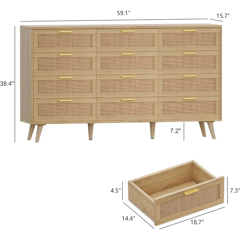 12 Drawer Double Dresser for Bedroom, Rattan Chest of Dressers, Modern Wooden Dresser Chest with Golden Handles, Beside Table f