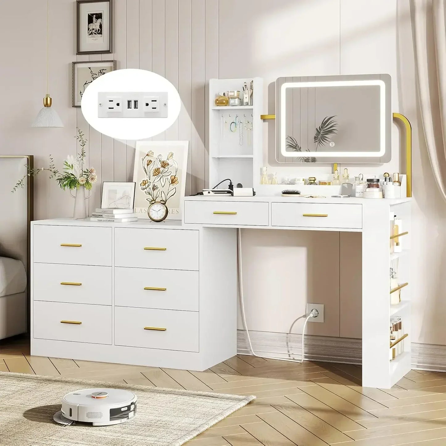 Ljustra Vanity Desk with Mirror and Lights Makeup Table Charging Station 8 Drawers