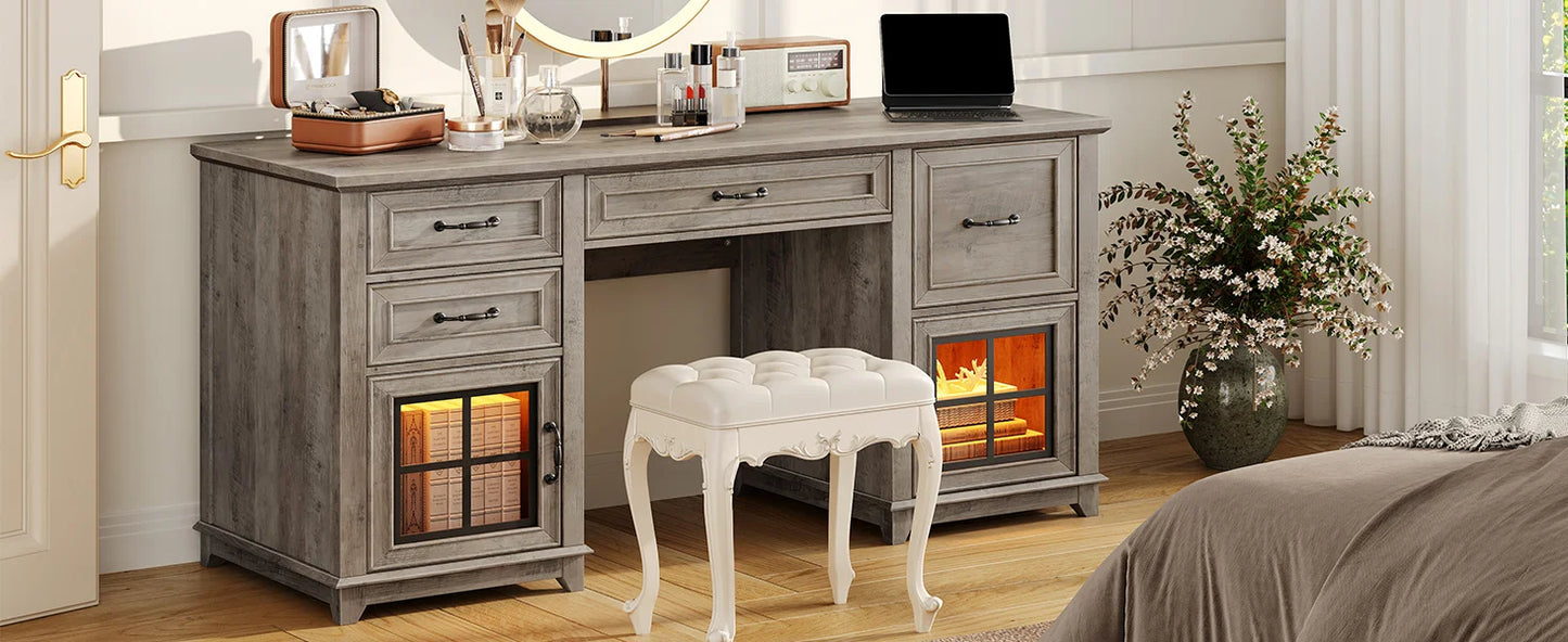 58 Inch Farmhouse Wooden Desk with Power Outlets and LED Light