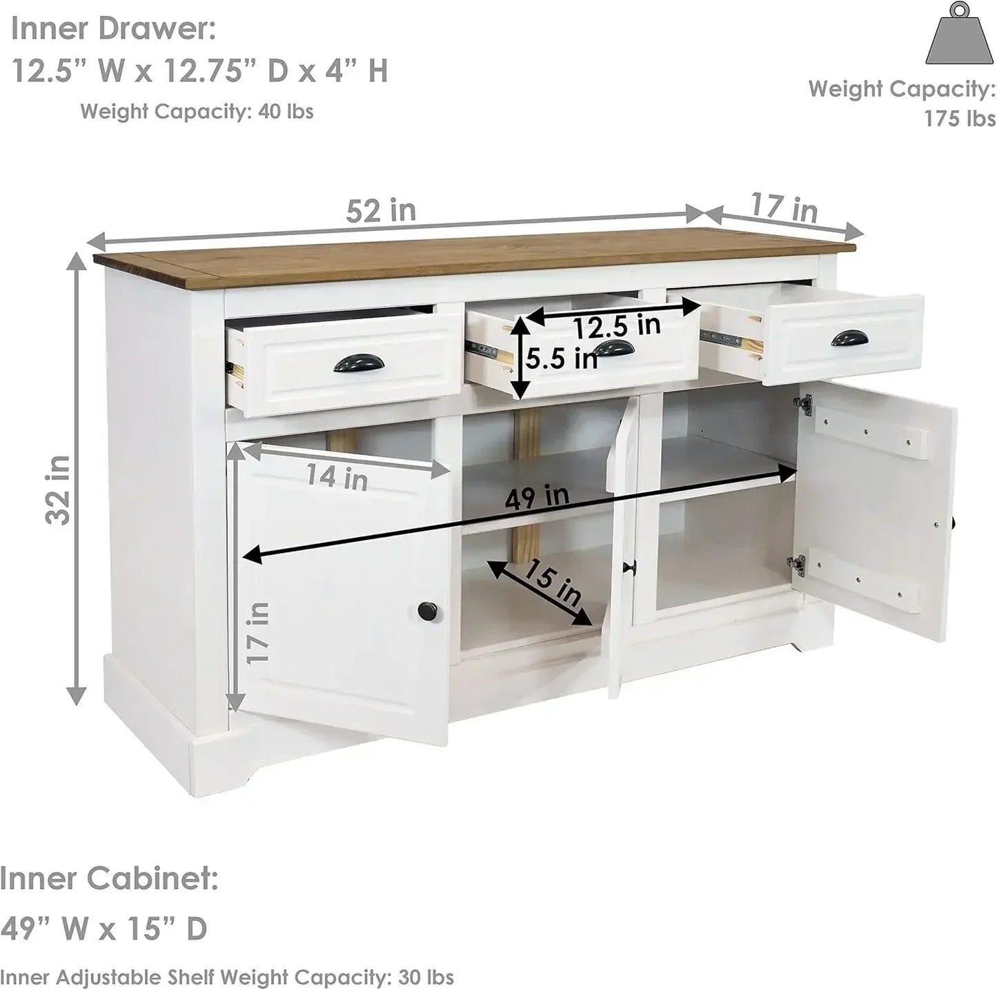 Solid Pine Sideboard Cabinet with Adjustable Shelf and Zinc Alloy Hardware