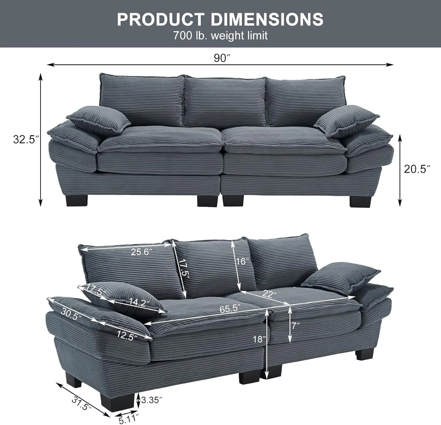 90" Oversized Corduroy Loveseat Sofa – Deep Seat Modern Couch with Pillows, Grey Upholstered Sofa