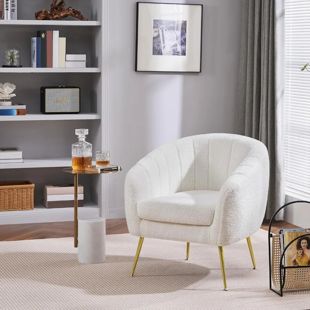 Modern Cozy Accent Chair Boucle Fabric Armchair Gold Metal Legs