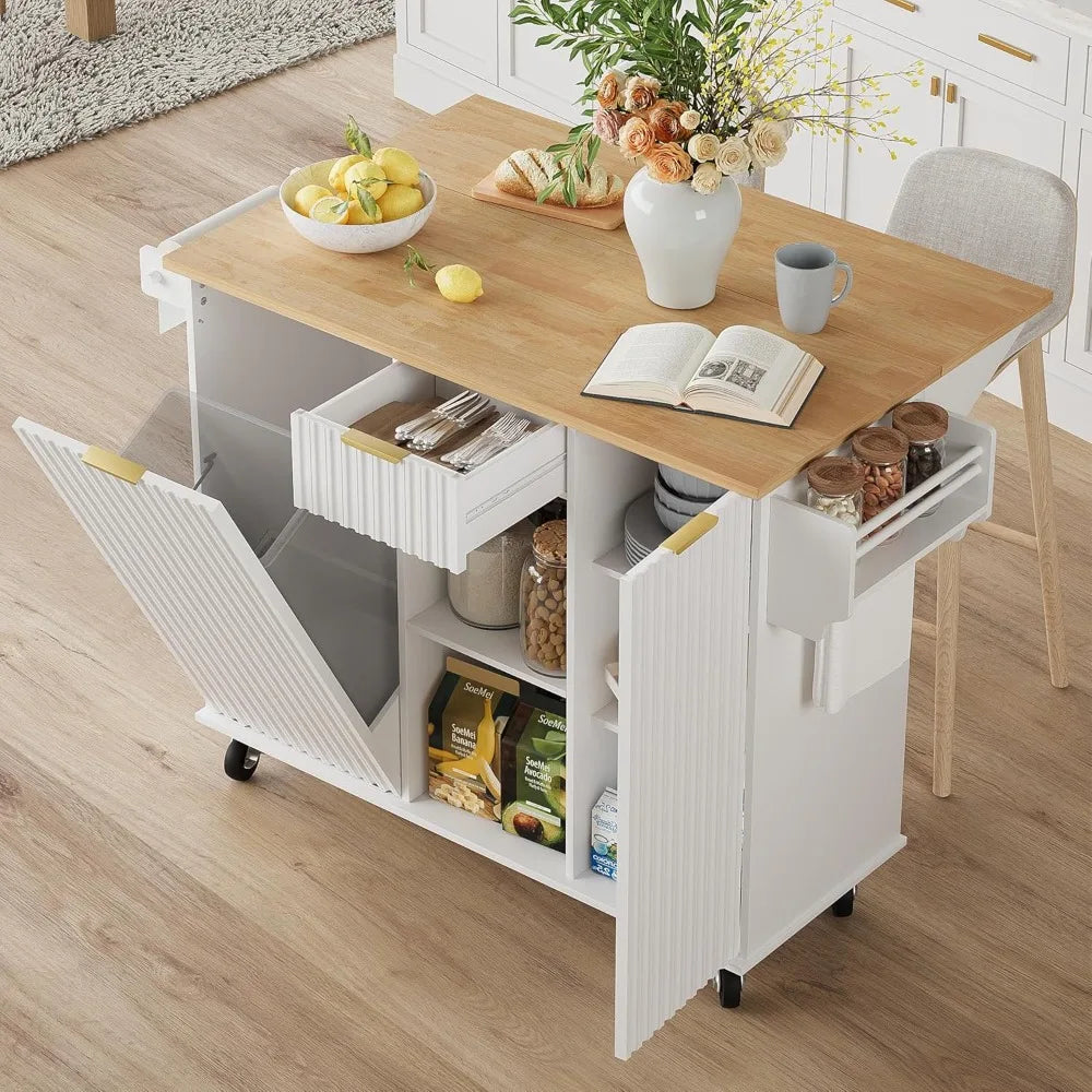 Rolling Kitchen Island with Trash Can Storage and Drop Leaf Design