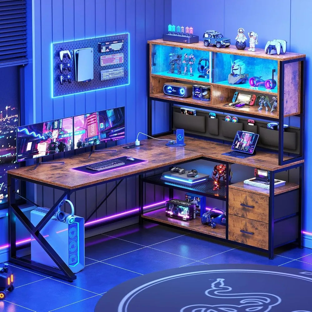 L Shaped Computer Desk with Drawers Bookshelf LED Light Gaming Home Office