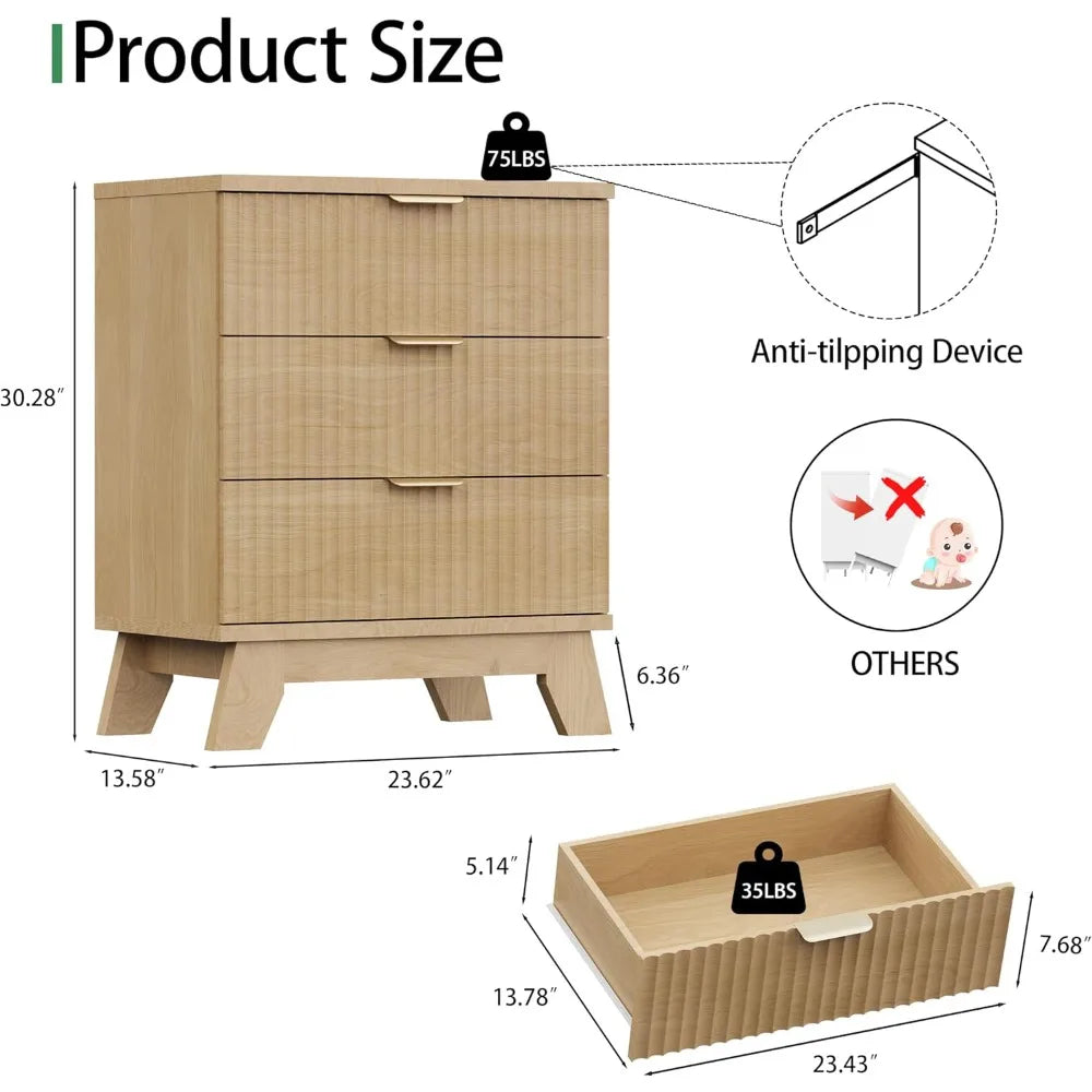 Fluted Nightstand Modern Side Table with 3 Storage Drawers