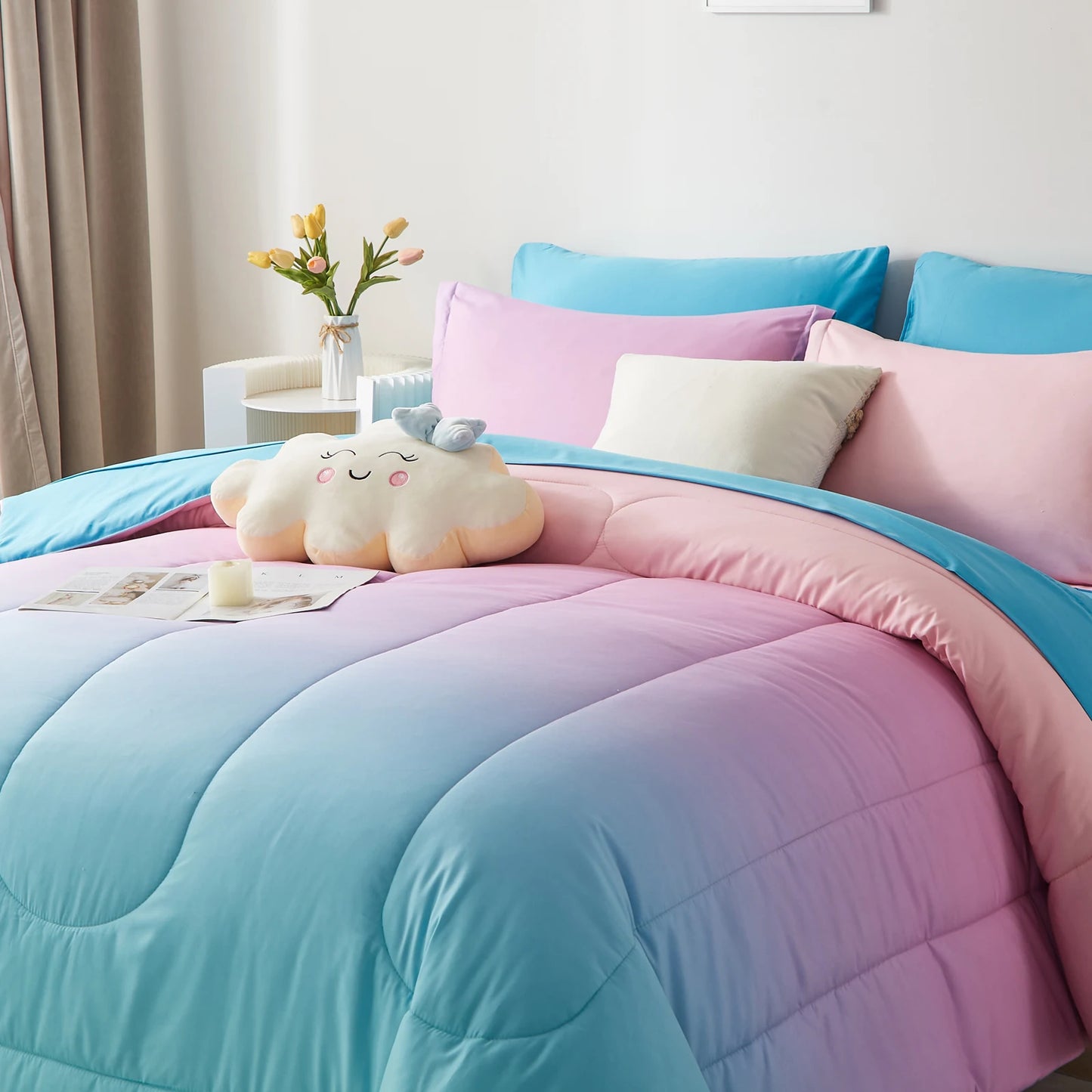 7 Piece Gradient Comforter Set Bedding Queen King Twin Full Soft Microfiber