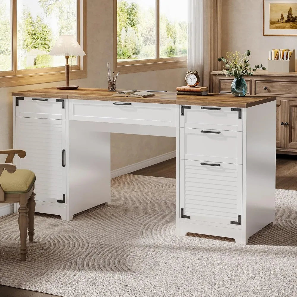 59 Inch Farmhouse Executive Desk with Charging Station and Storage
