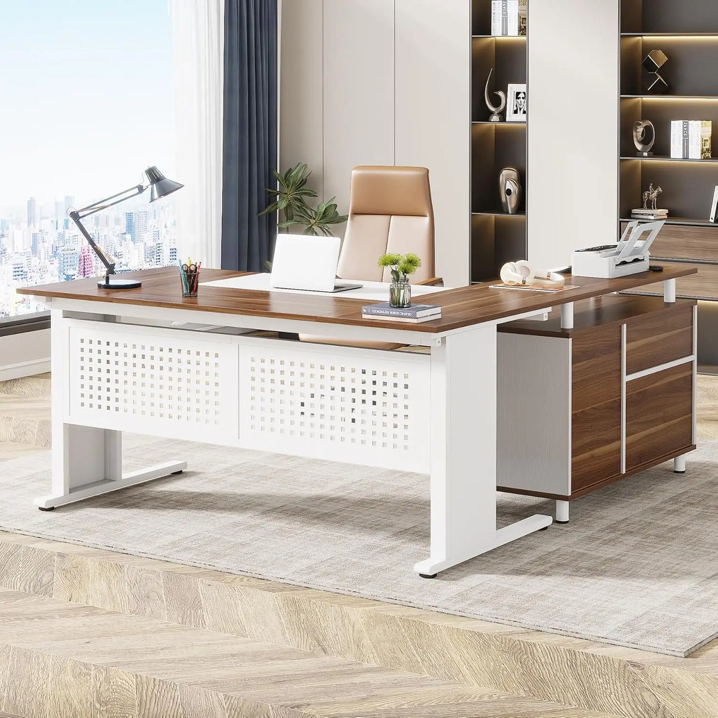 L Shaped Executive Desk with File Cabinet Modern Office Furniture