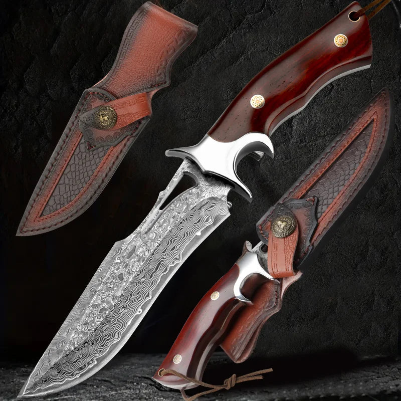 Ljustra PJ065 Damascus Knife Wooden Handle Leather Sheath Outdoor Kitchen