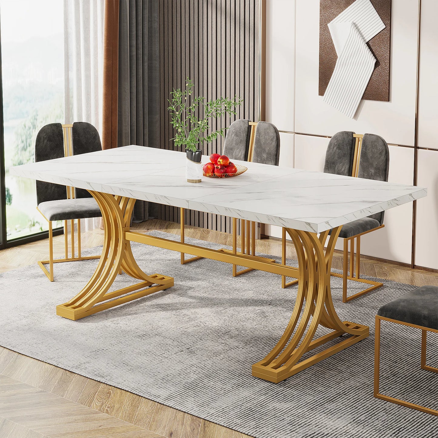 Ljustra 63 Inch Dining Table Rectangular Kitchen Faux Marble Modern Design