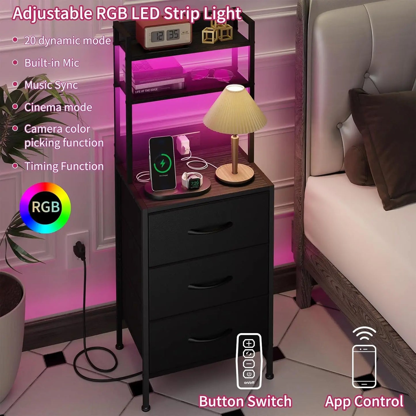 41 Inch Tall Nightstand with USB Charging Station and LED Lights