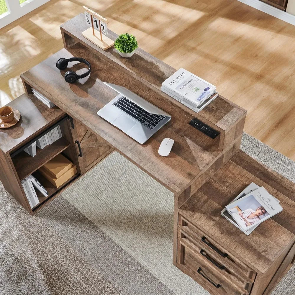 Modern Farmhouse Home Office Desk with File Cabinet 67 Inch Large Workstation
