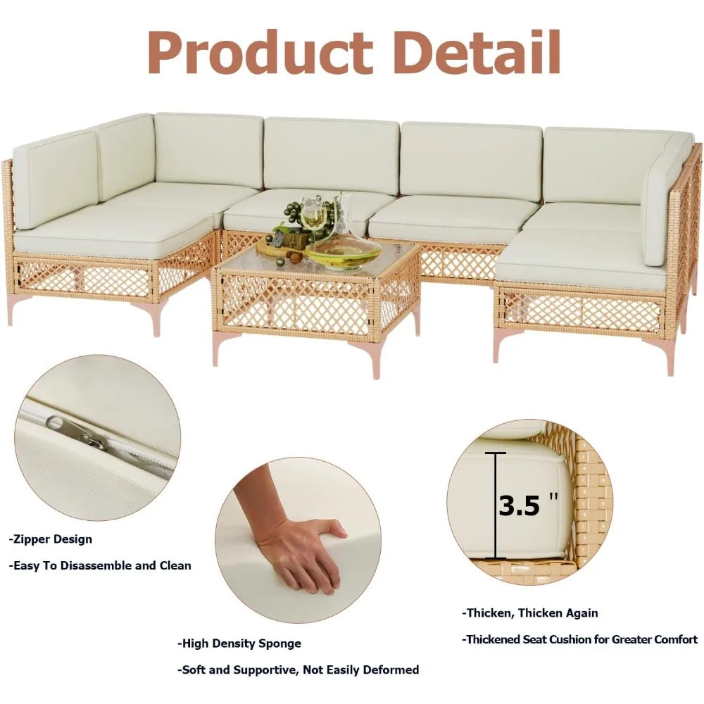 7 Piece Boho Outdoor Patio Sectional Wicker Furniture Set with Glass Table