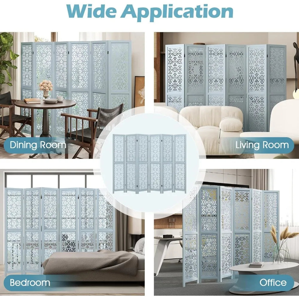 Boho Room Divider 6 Panels Solid Wood Freestanding Privacy Screen