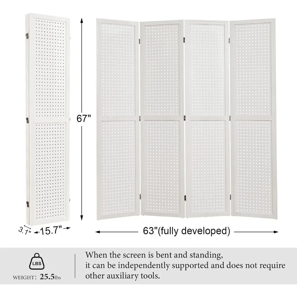 Room Divider Folding Pegboard Privacy Screen 4-Panel Display Stand