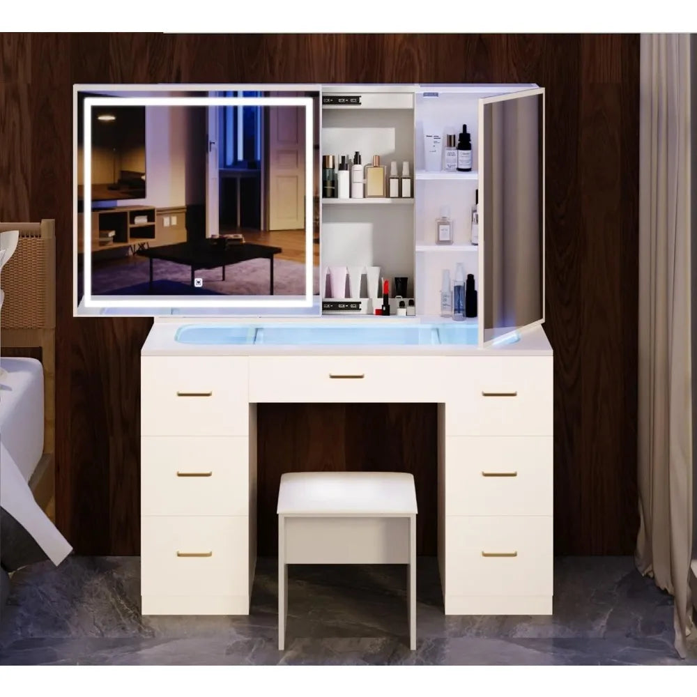 Modern Vanity Desk with Lighted Mirror Charging Station Makeup Table