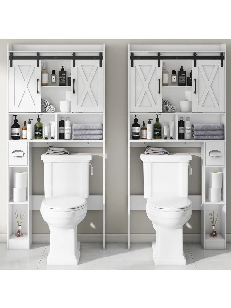 Farmhouse Storage Cabinet Over Toilet with Sliding Doors Space-Saving Rack