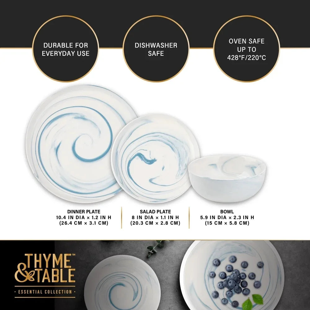 12 Piece Blue Marble Stoneware Dinnerware Set Microwave Safe Dishwasher Safe
