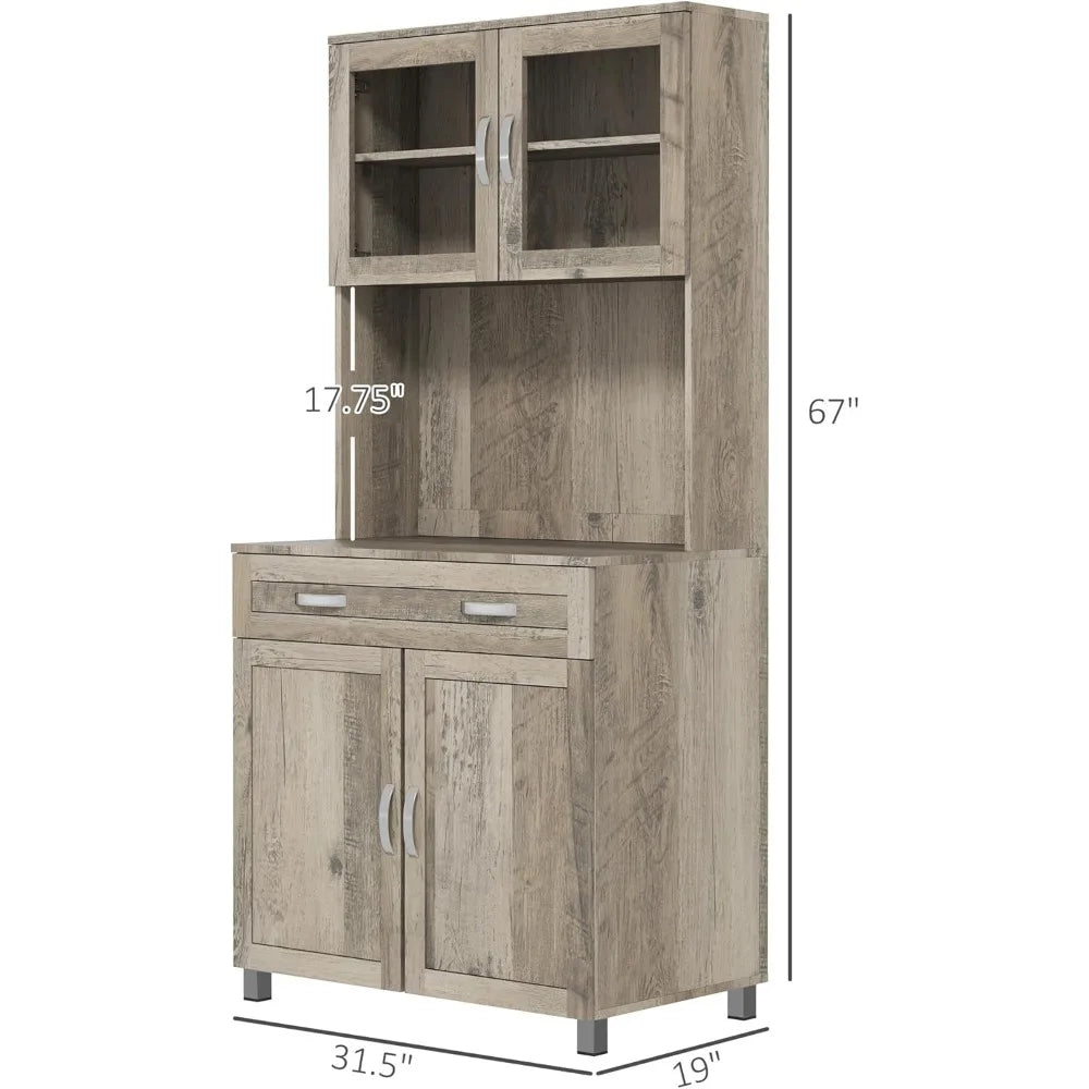 67 Inch Modern Pantry Storage Cabinet with Glass Doors and Adjustable Shelves