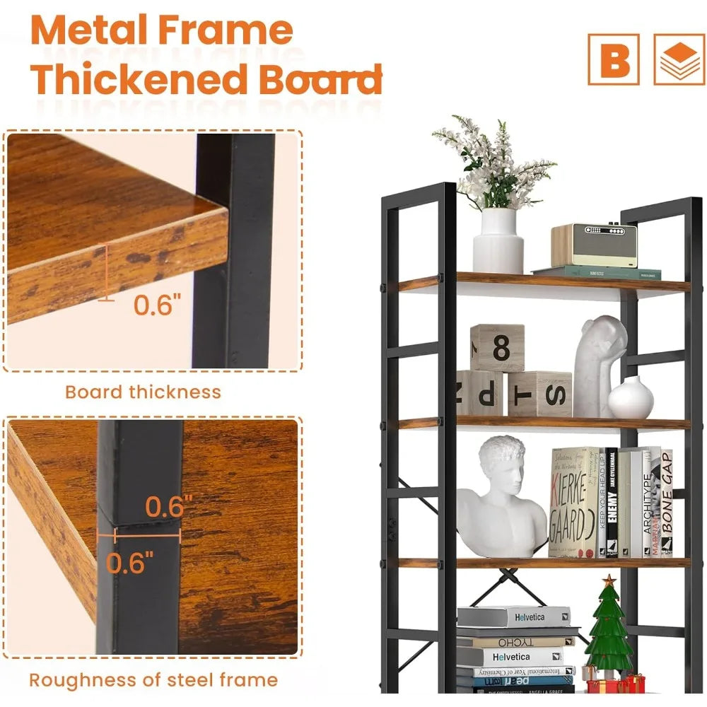 Modern 5 Tier Bookshelf Tall Bookcase Industrial Storage Organizer