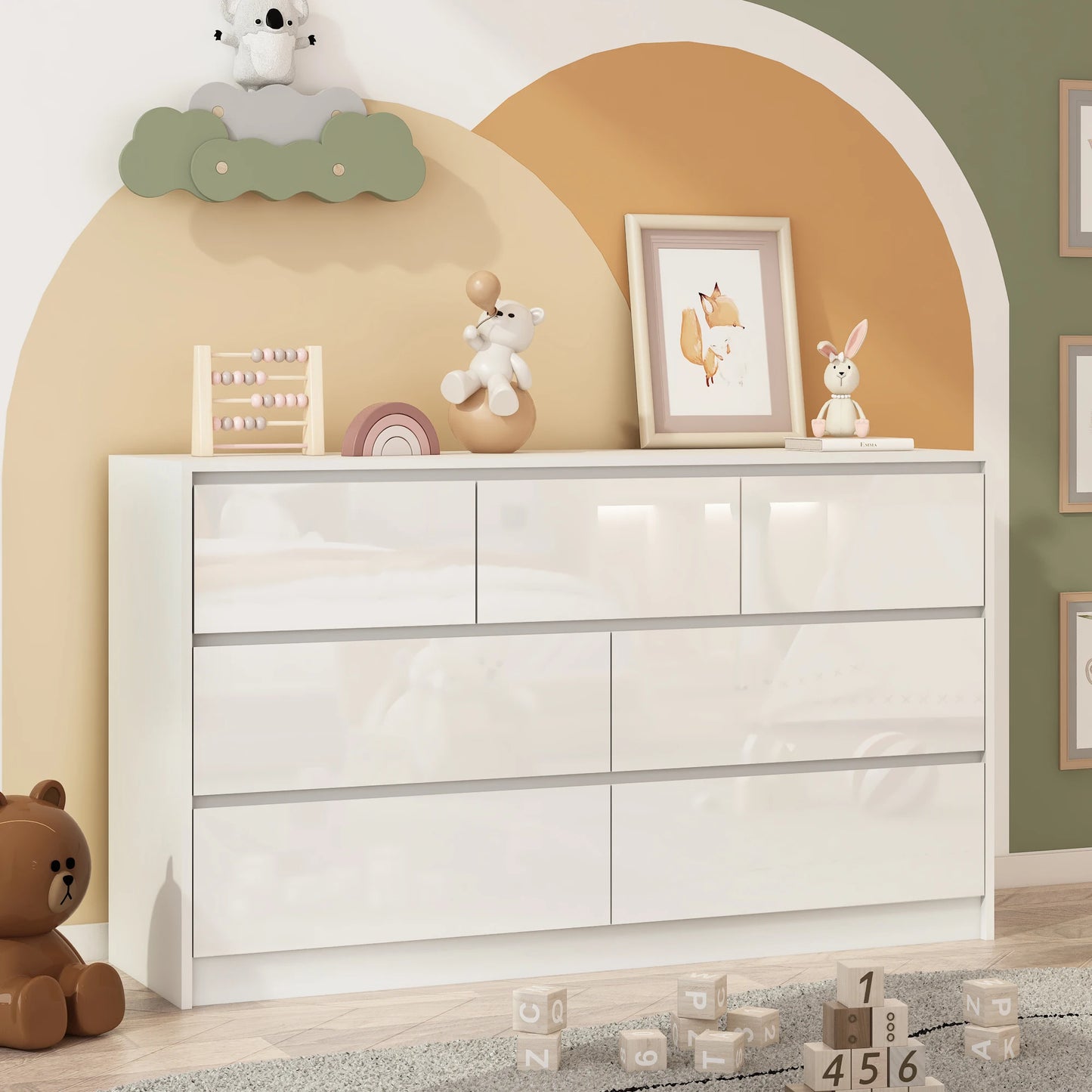 Modern 7 Drawer Dresser Spacious Storage High Gloss Bedroom Furniture