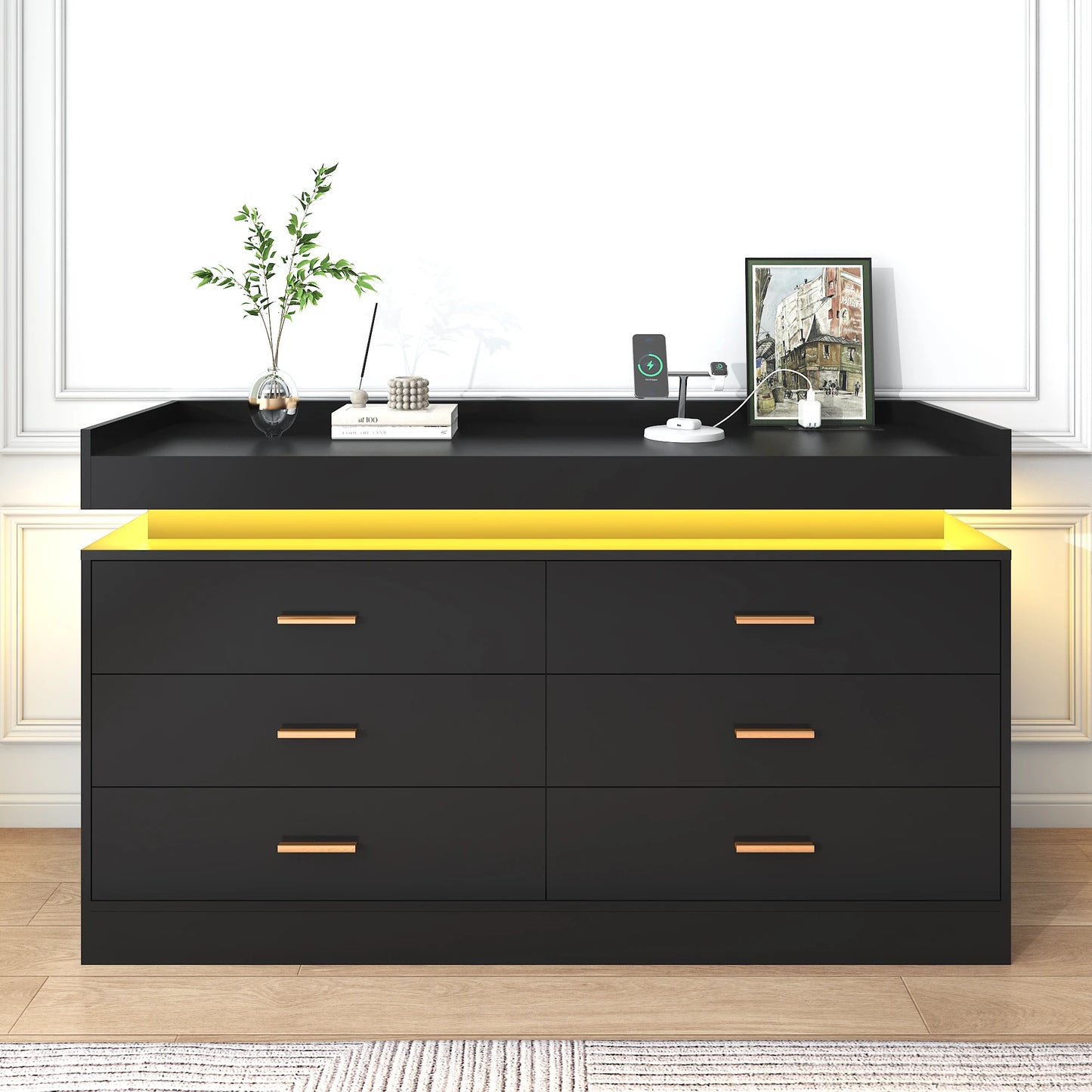 6 Drawer Dresser Modern Chest of Drawers with LED Light for Bedroom