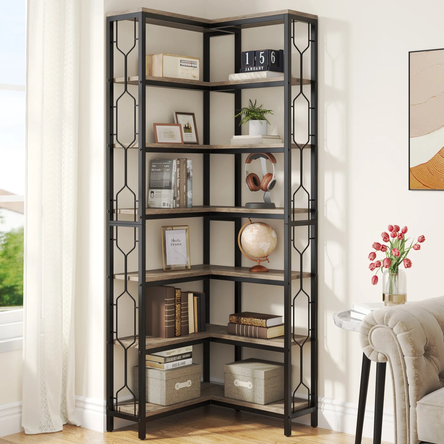Ljustra 7-Tier Industrial Corner Shelf Wood Metal Bookcase Display Unit
