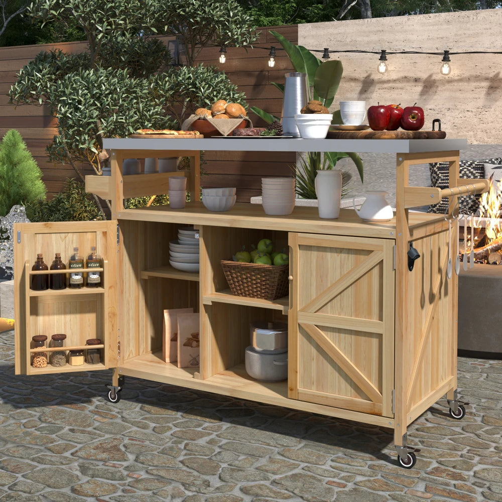 Outdoor Kitchen Island Rolling Bar Cart Storage Cabinet Grill Table