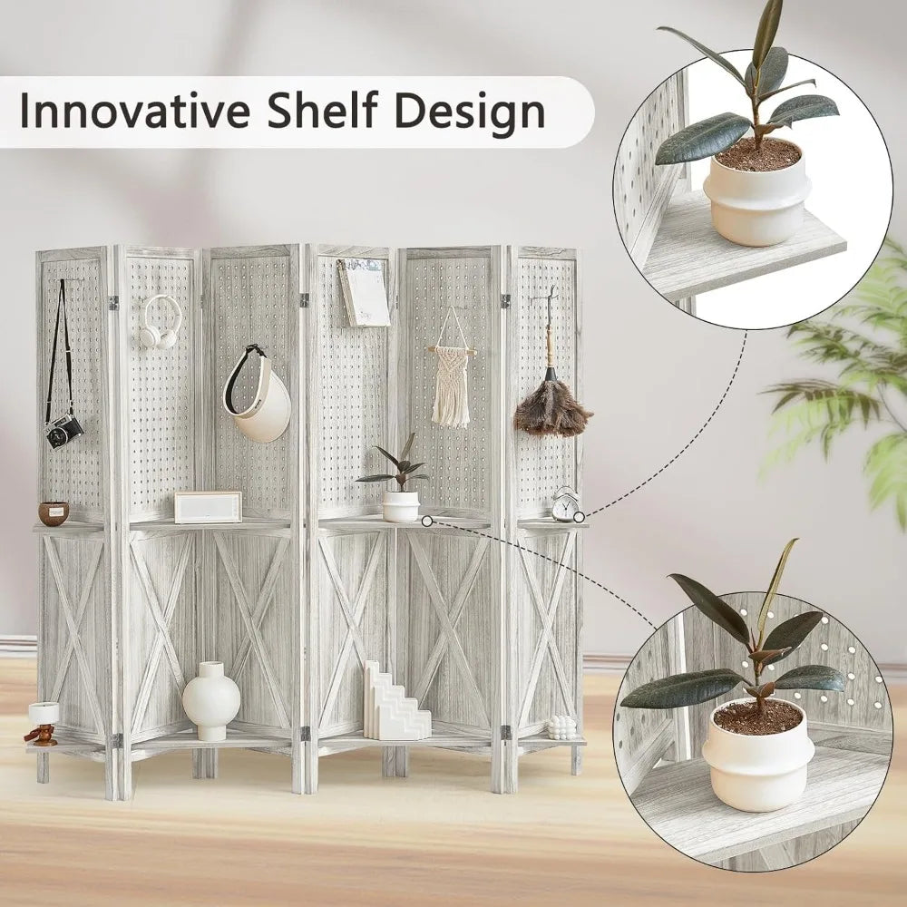 6 Panel Room Divider with Shelves Folding Privacy Screen Wood Decor