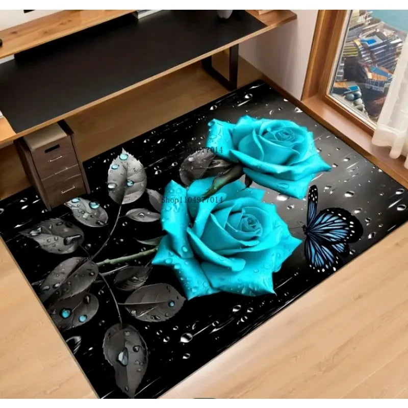Blue Rose Pattern Carpet Soft Non-Slip Mat for Kitchen Bathroom Living Room