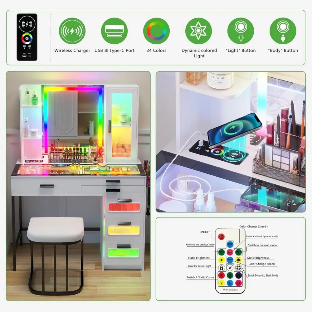 Modern Vanity Desk with Mirror LED Lights Charging Station Makeup Table