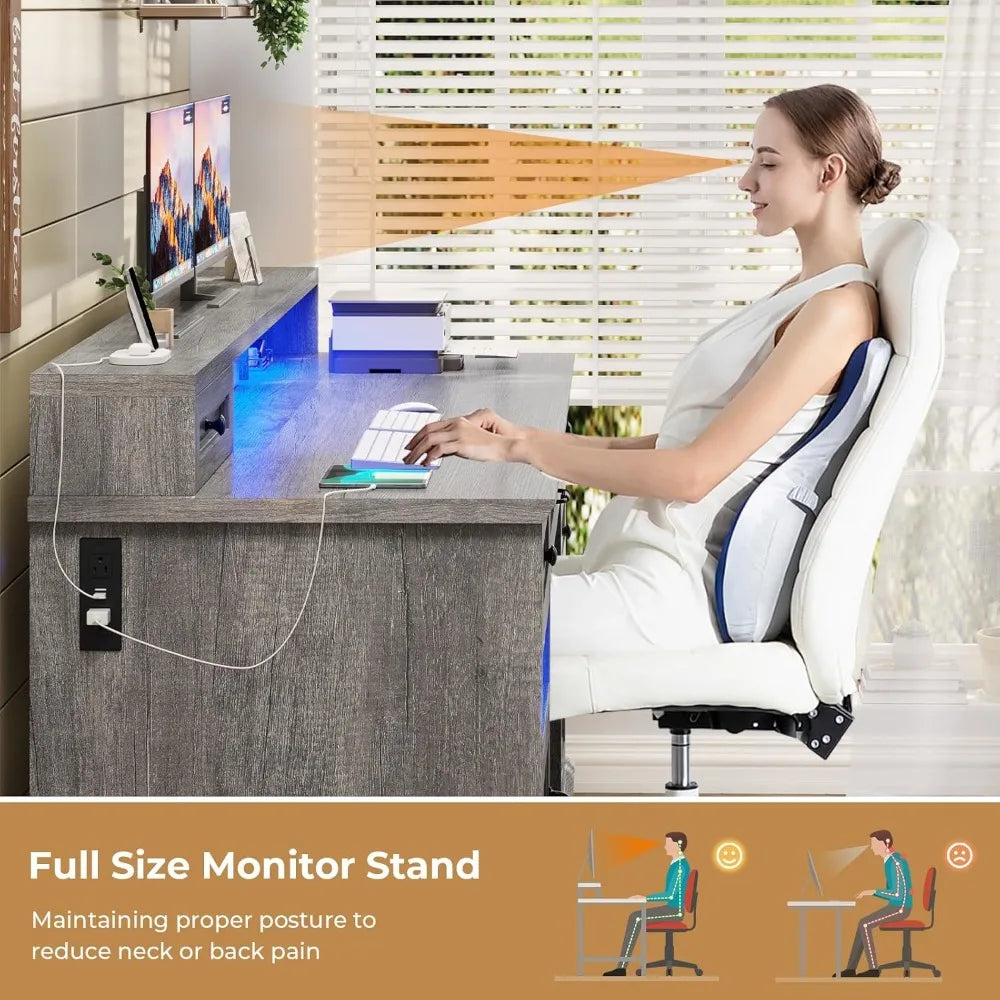 Farmhouse Executive Desk with Charging Station and LED Lights