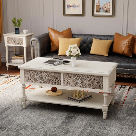 Coffee Table with 2 Storage Drawers Vintage Farmhouse Wood Center Table