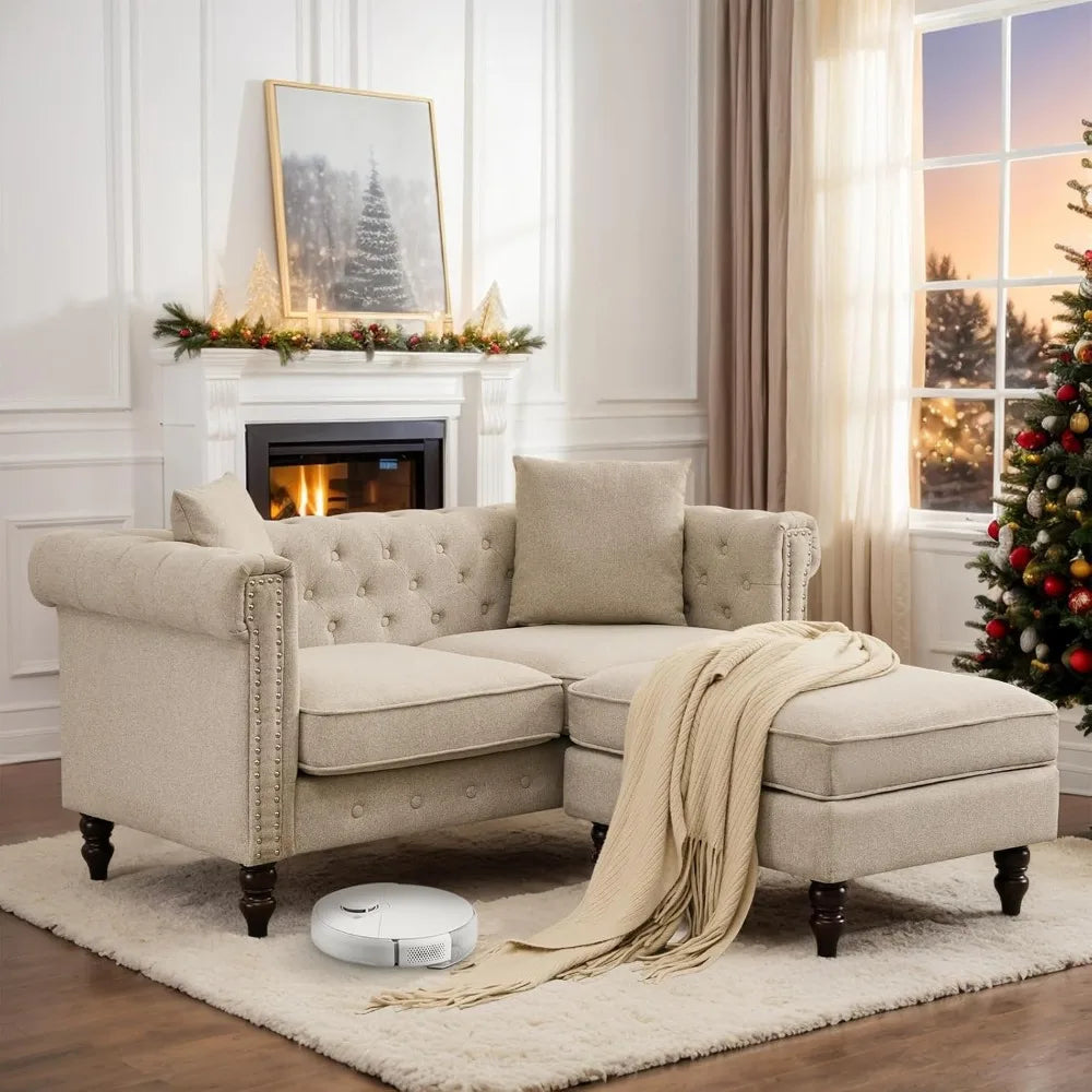 Classic Chesterfield Tufted Linen Loveseat Sofa with Gourd Legs