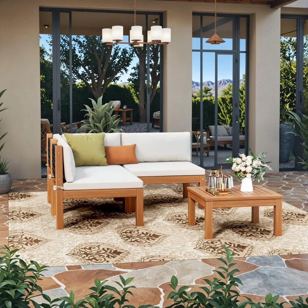 Outdoor Sectional Couch Patio Sofa Set with Acacia Wood Coffee Table