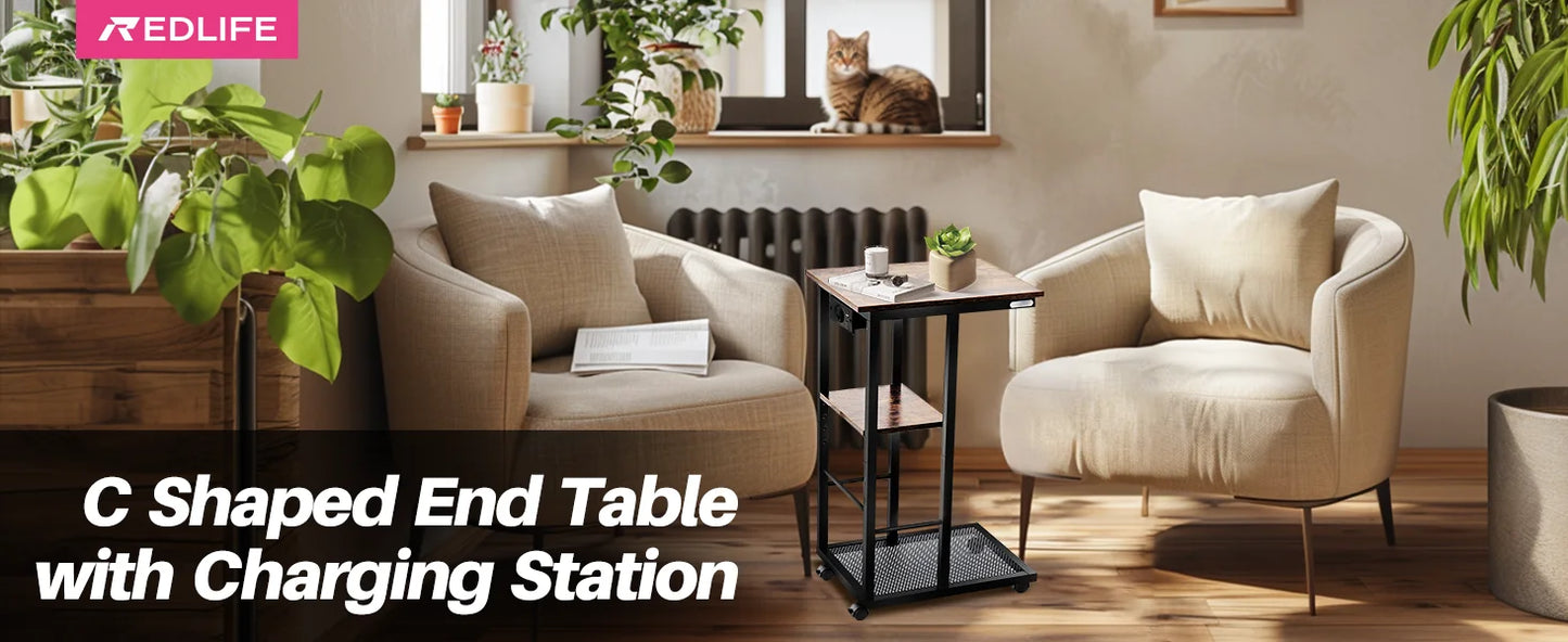 C Shaped End Table with Charging Station Rolling Wheels Small Space